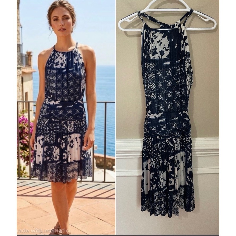Etro Milano Navy White Mediterranean Halter Dress Size 38 IT US 2 Viscose